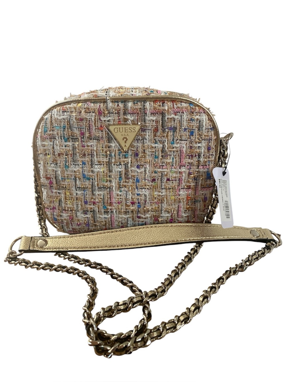 Guess Pink Tweed Cessily Camera Bag with Gold Chain & Leather Strap BNWT